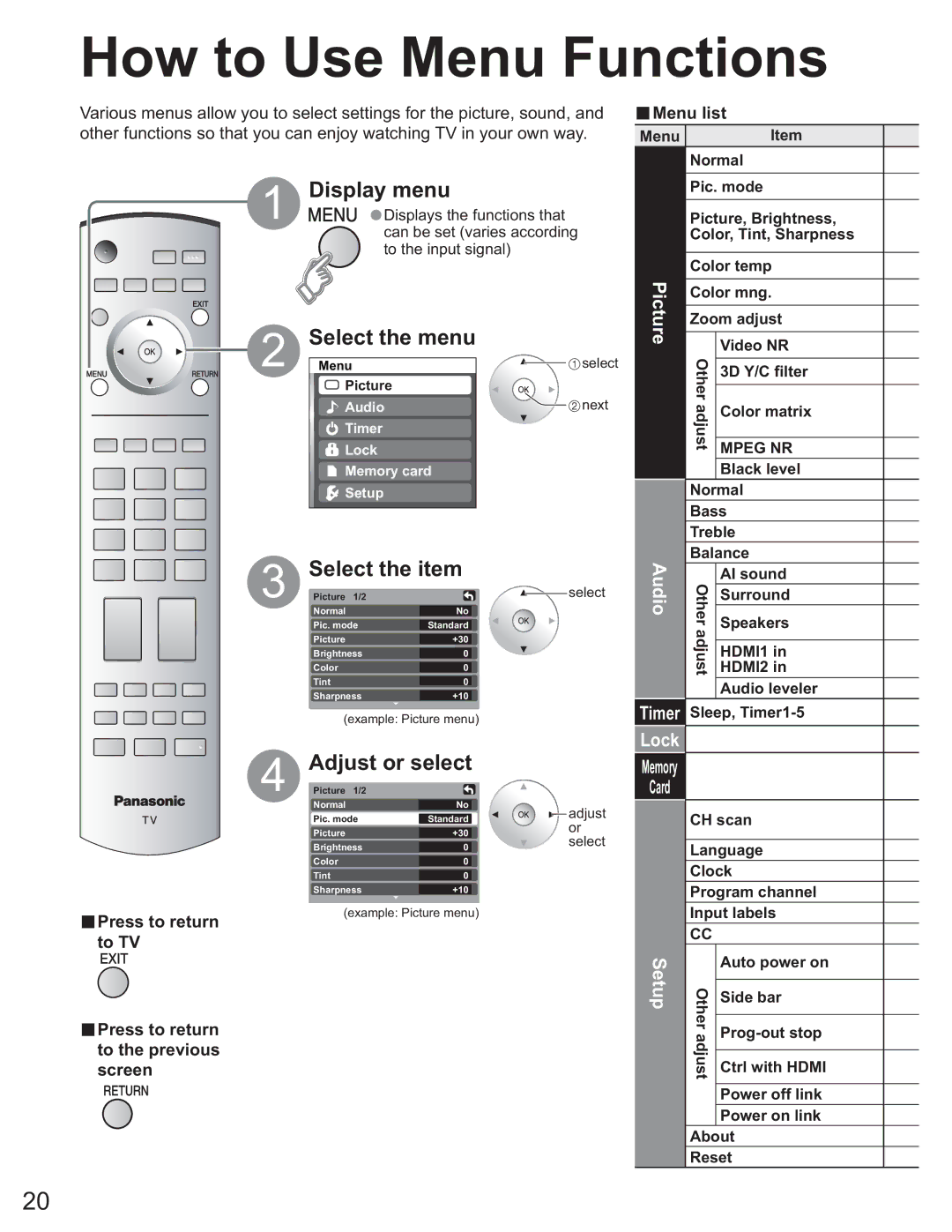 Panasonic TH 50PX60U How to Use Menu Functions, Display menu, Select the menu, Select the item, Adjust or select 