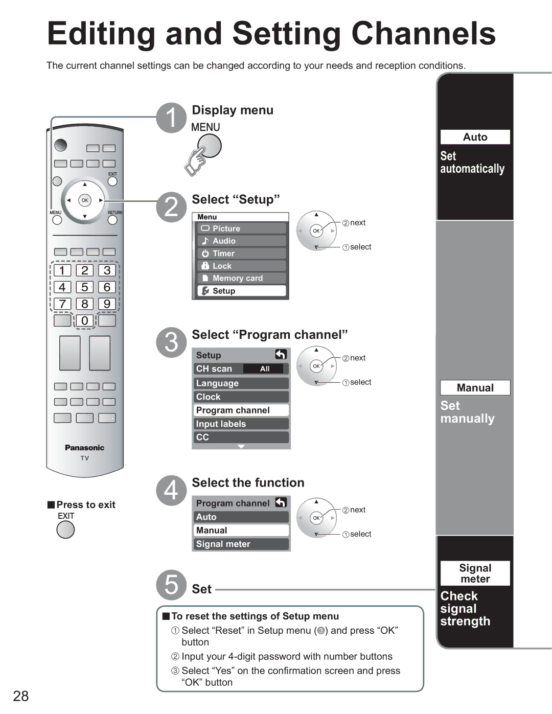 Panasonic TH-50PX60X, TH 50PX60U, TH-58PX60U, TH-37PX60U Editing and Setting Channels, Set manually, Check signal strength 