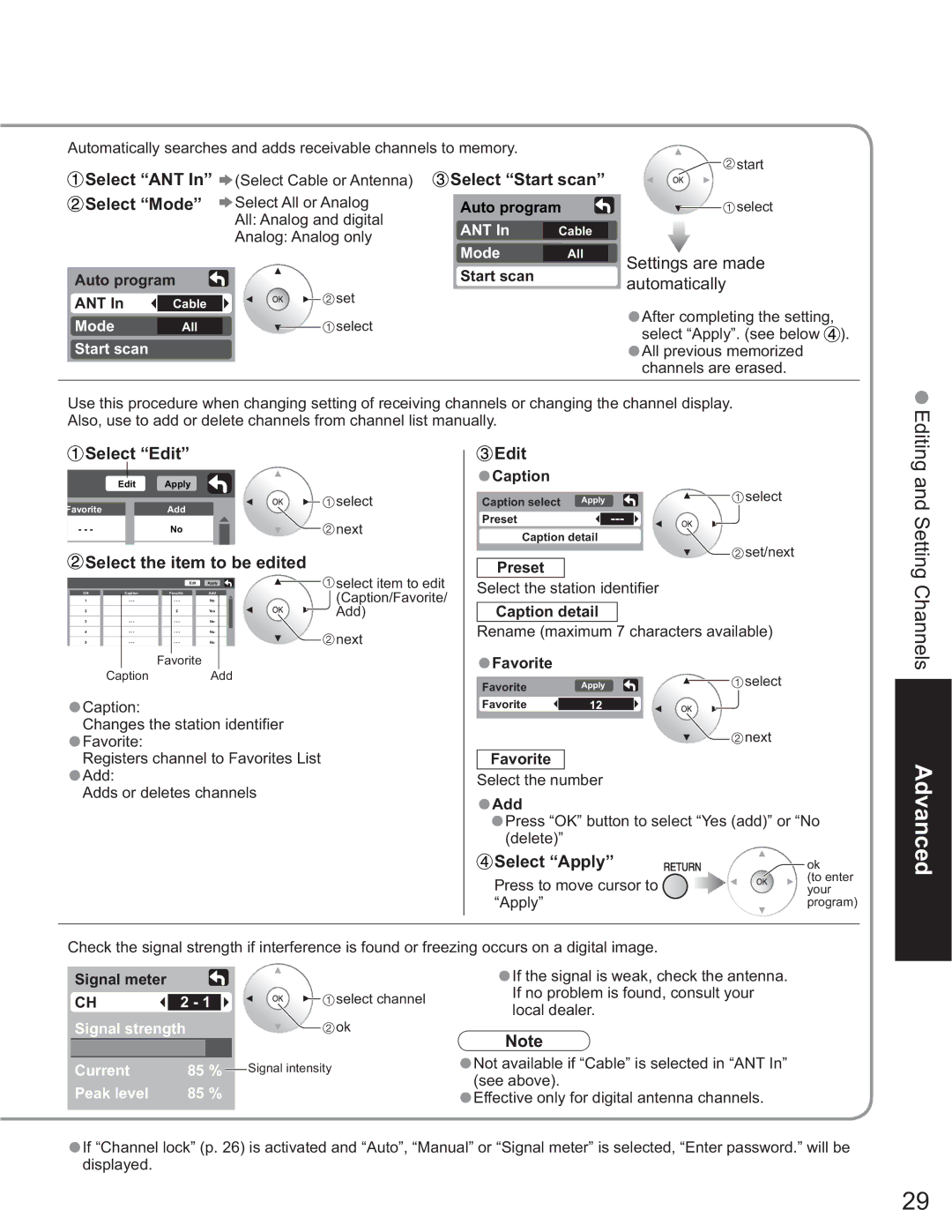 Panasonic TH-42PX60U, TH 50PX60U Select Start scan Select Mode, Select Edit, Select the item to be edited, Select Apply 