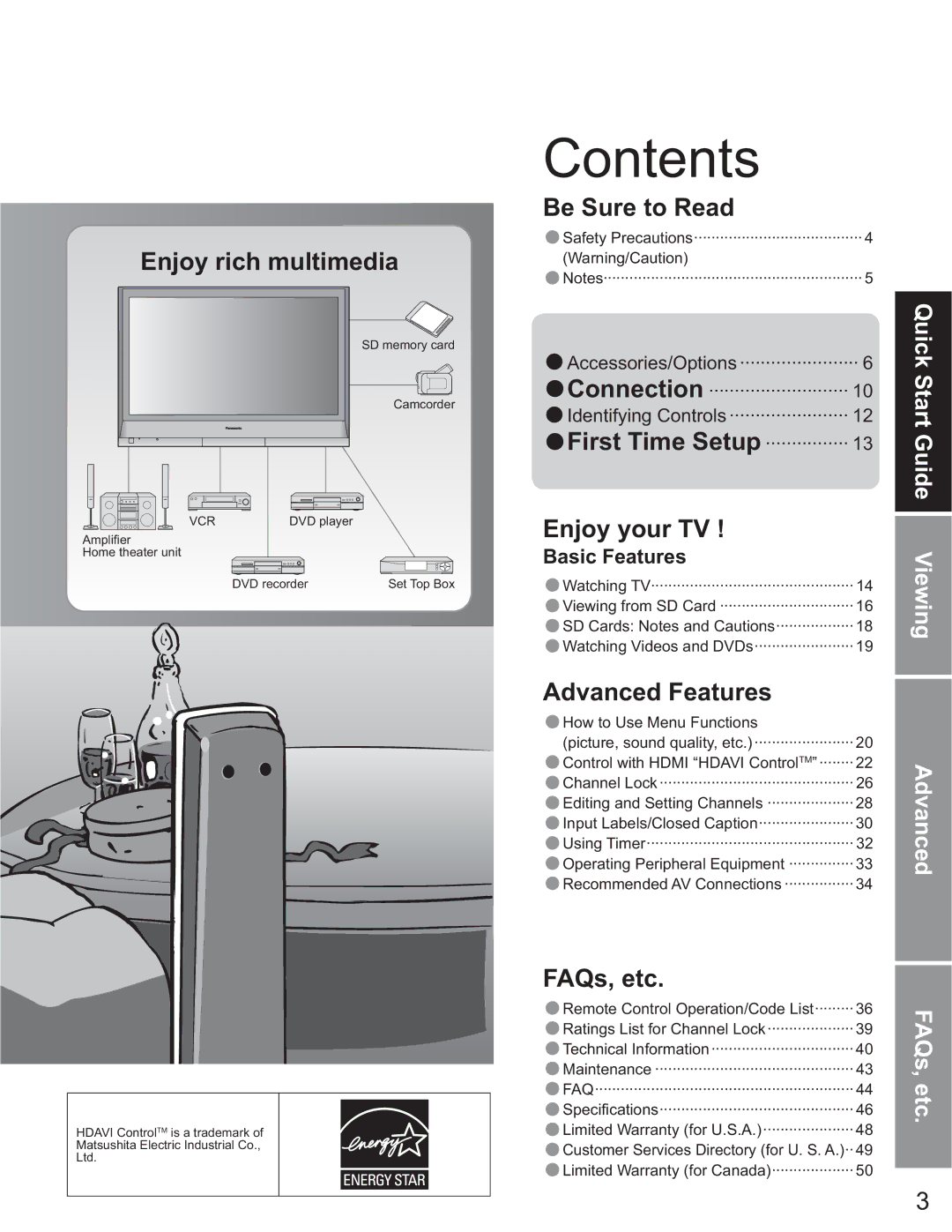 Panasonic TH-50PX60X, TH 50PX60U, TH-58PX60U, TH-37PX60U, TH-42PX60U operating instructions Contents 