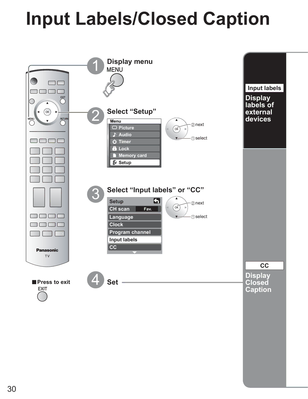 Panasonic TH 50PX60U Input Labels/Closed Caption, Display labels of external devices, Select Input labels or CC 