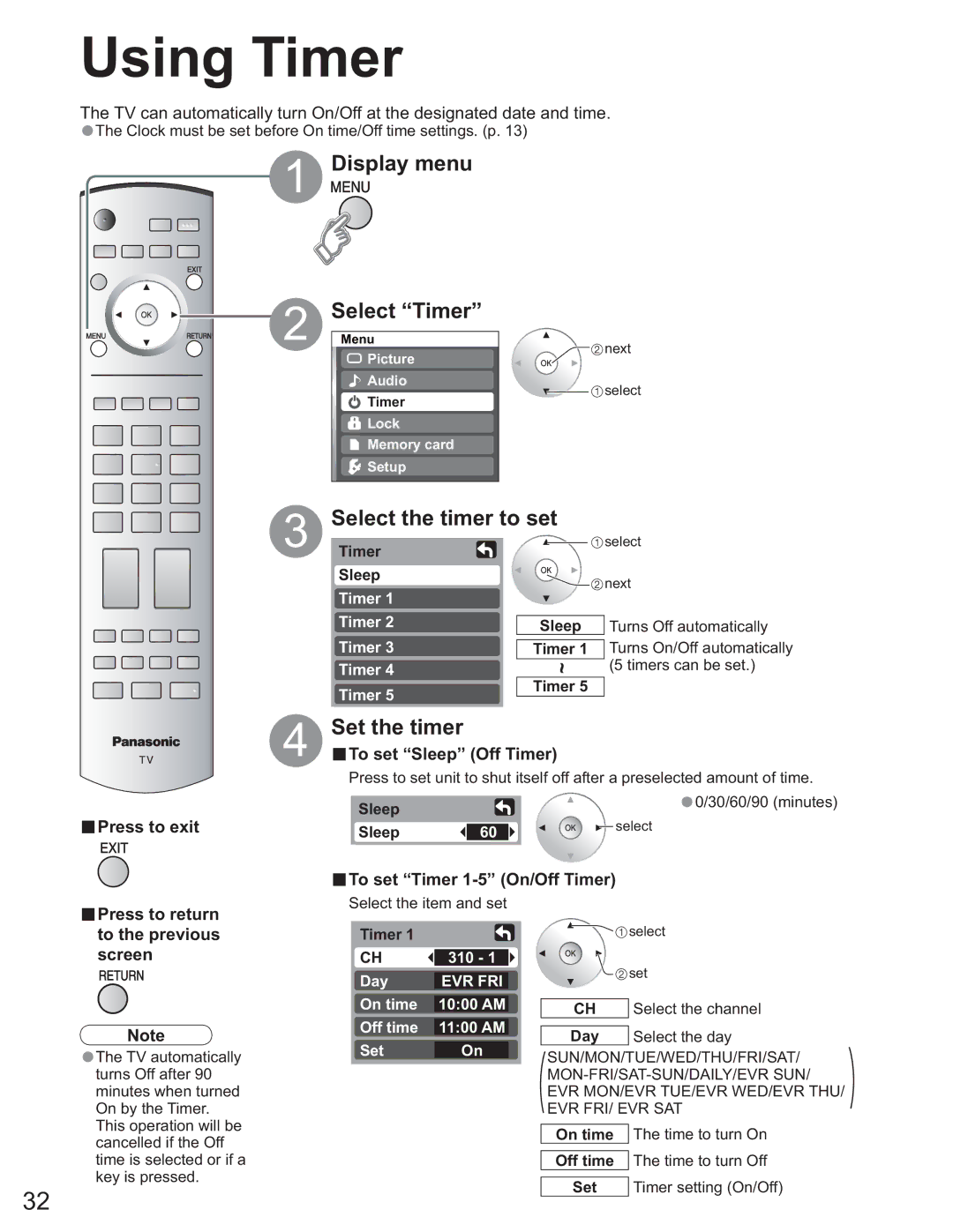 Panasonic TH-37PX60U, TH 50PX60U, TH-58PX60U, TH-50PX60X, TH-42PX60U Using Timer, Select the timer to set, Set the timer 