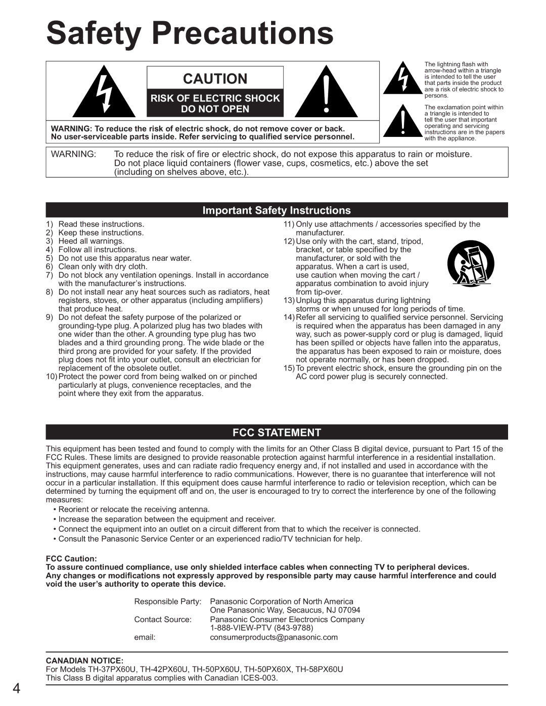 Panasonic TH-42PX60U, TH 50PX60U, TH-58PX60U, TH-37PX60U, TH-50PX60X Safety Precautions, Important Safety Instructions 