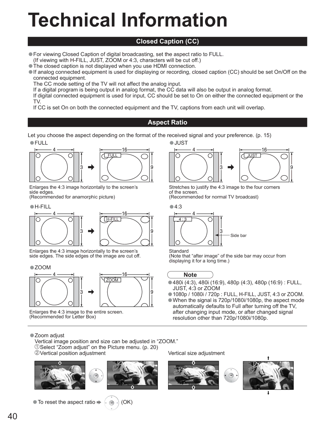 Panasonic TH 50PX60U, TH-58PX60U, TH-37PX60U, TH-50PX60X, TH-42PX60U Technical Information, Closed Caption CC, Aspect Ratio 