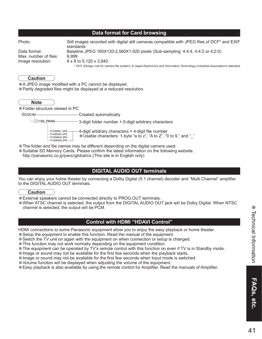 Panasonic TH-58PX60U Data format for Card browsing, Digital Audio OUT terminals, Control with Hdmi Hdavi Control 