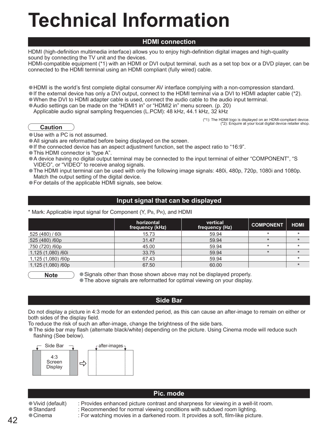 Panasonic TH-37PX60U, TH 50PX60U, TH-58PX60U Hdmi connection, Input signal that can be displayed, Side Bar, Pic. mode 