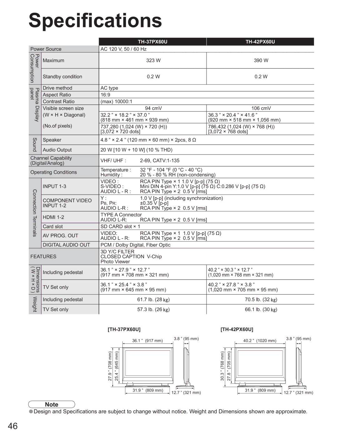 Panasonic TH-58PX60U, TH 50PX60U, TH-50PX60X operating instructions Specifications, TH-37PX60U TH-42PX60U 