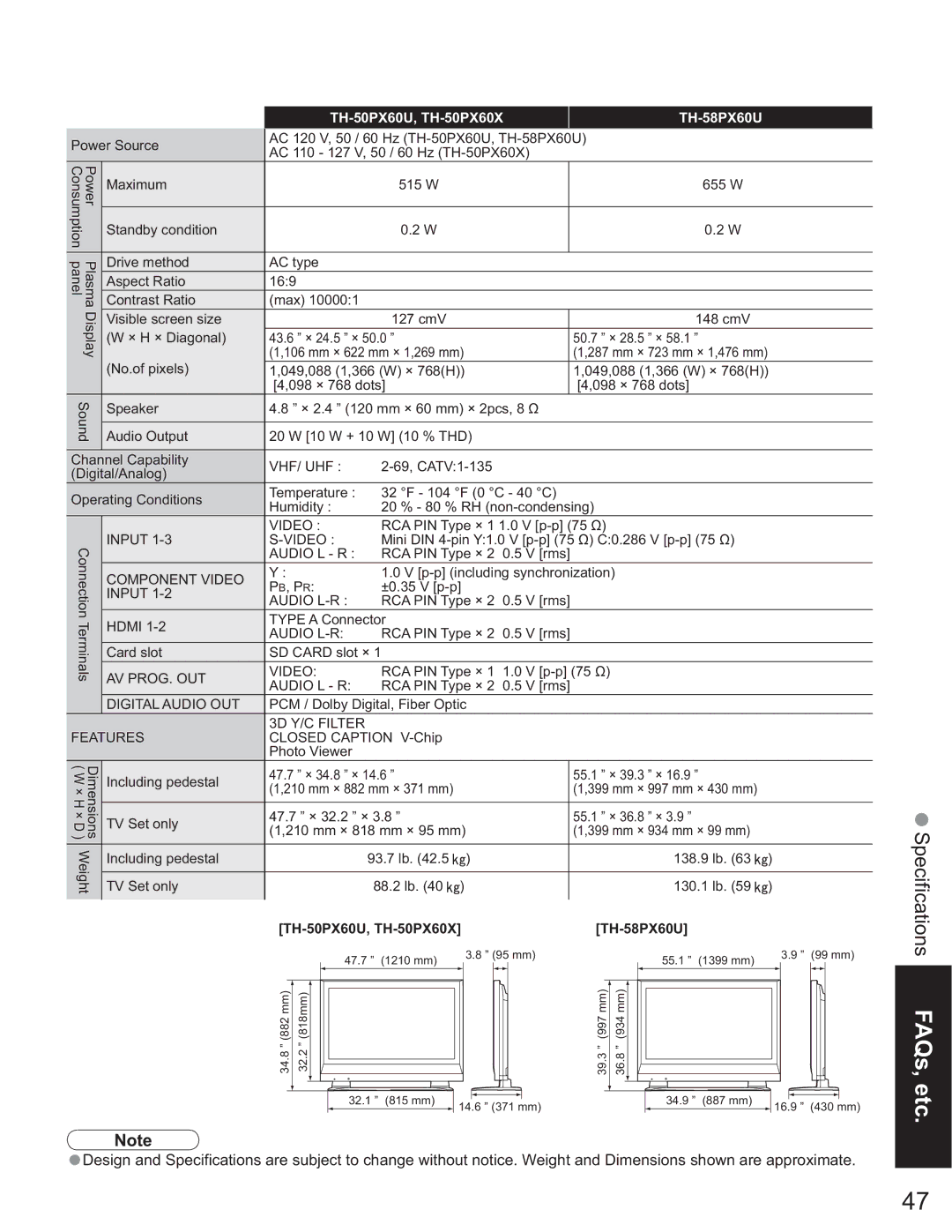 Panasonic TH-37PX60U, TH 50PX60U, TH-42PX60U operating instructions TH-50PX60U, TH-50PX60X TH-58PX60U 