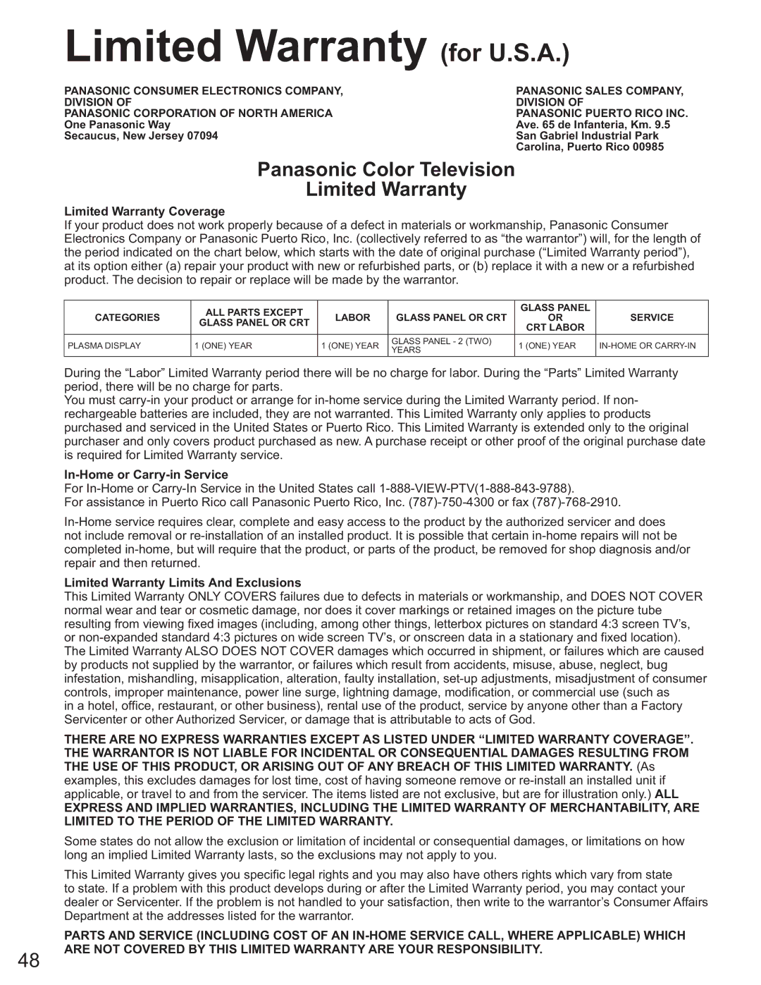 Panasonic TH-50PX60X, TH 50PX60U Limited Warranty for U.S.A, Limited Warranty Coverage, In-Home or Carry-in Service 