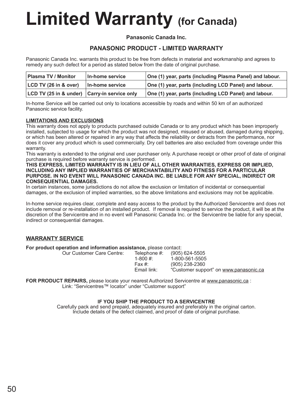 Panasonic TH 50PX60U, TH-58PX60U, TH-37PX60U, TH-50PX60X, TH-42PX60U Limited Warranty for Canada, Panasonic Canada Inc 