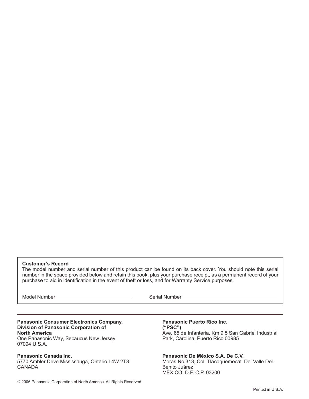 Panasonic TH-58PX60U, TH 50PX60U, TH-37PX60U Customer’s Record, Panasonic Canada Inc, Panasonic Puerto Rico Inc. PSC 