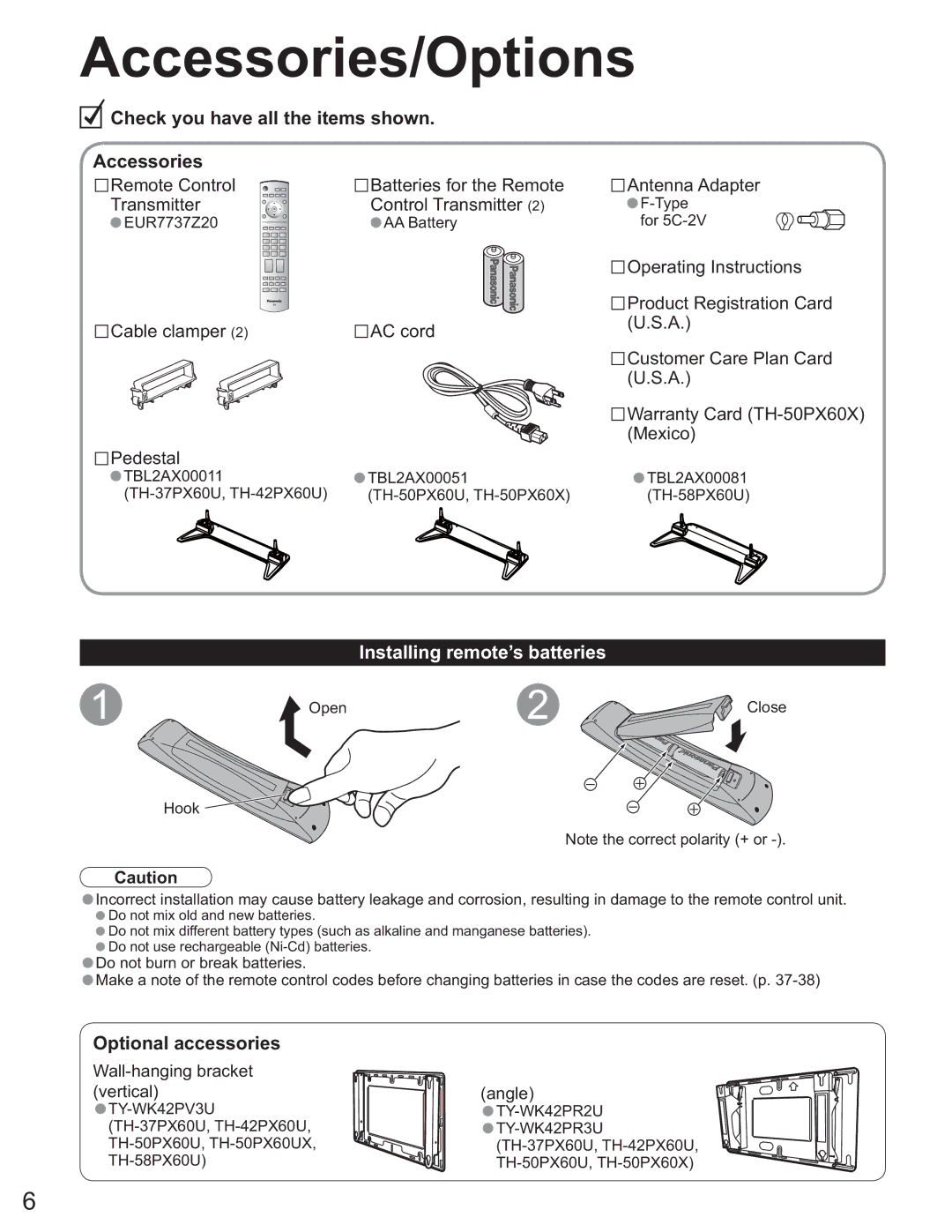 Panasonic TH-58PX60U, TH 50PX60U, TH-37PX60U, TH-50PX60X, TH-42PX60U Accessories/Options, Installing remote’s batteries 