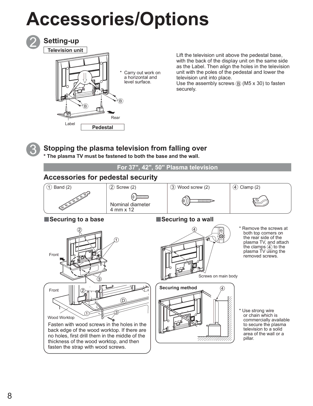 Panasonic TH-50PX60X Setting-up, Stopping the plasma television from falling over, Accessories for pedestal security 