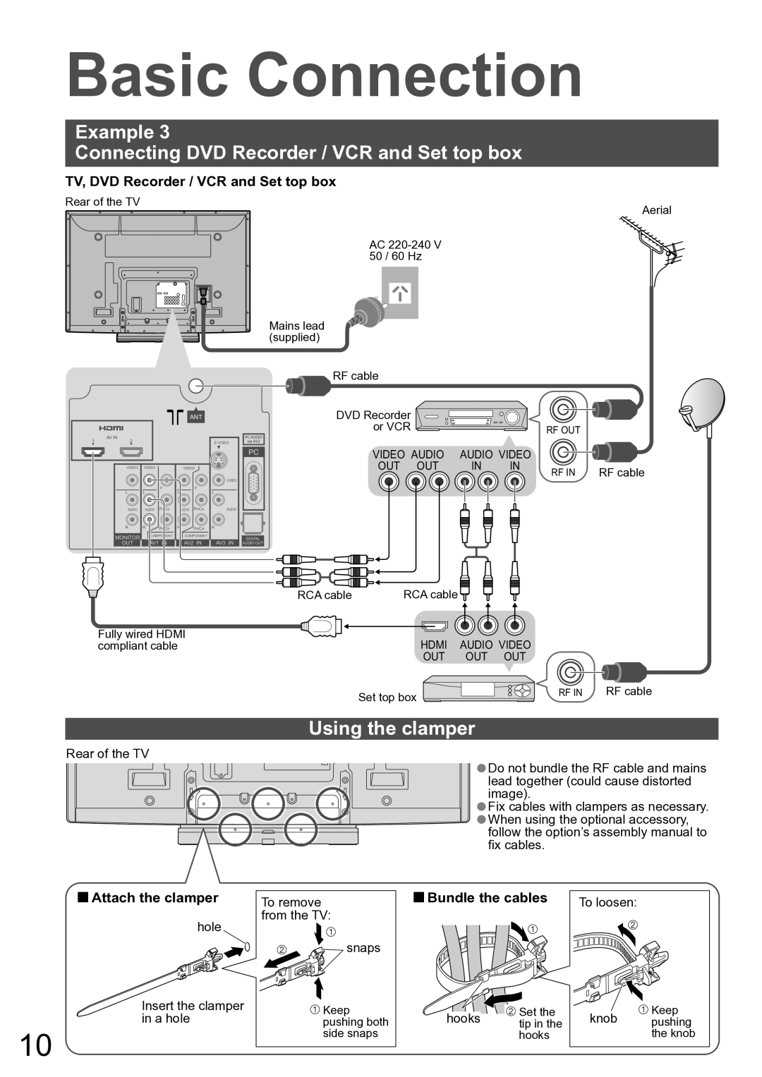 Panasonic TH-50PX80A manual Example Connecting DVD Recorder / VCR and Set top box, Using the clamper, Attach the clamper 