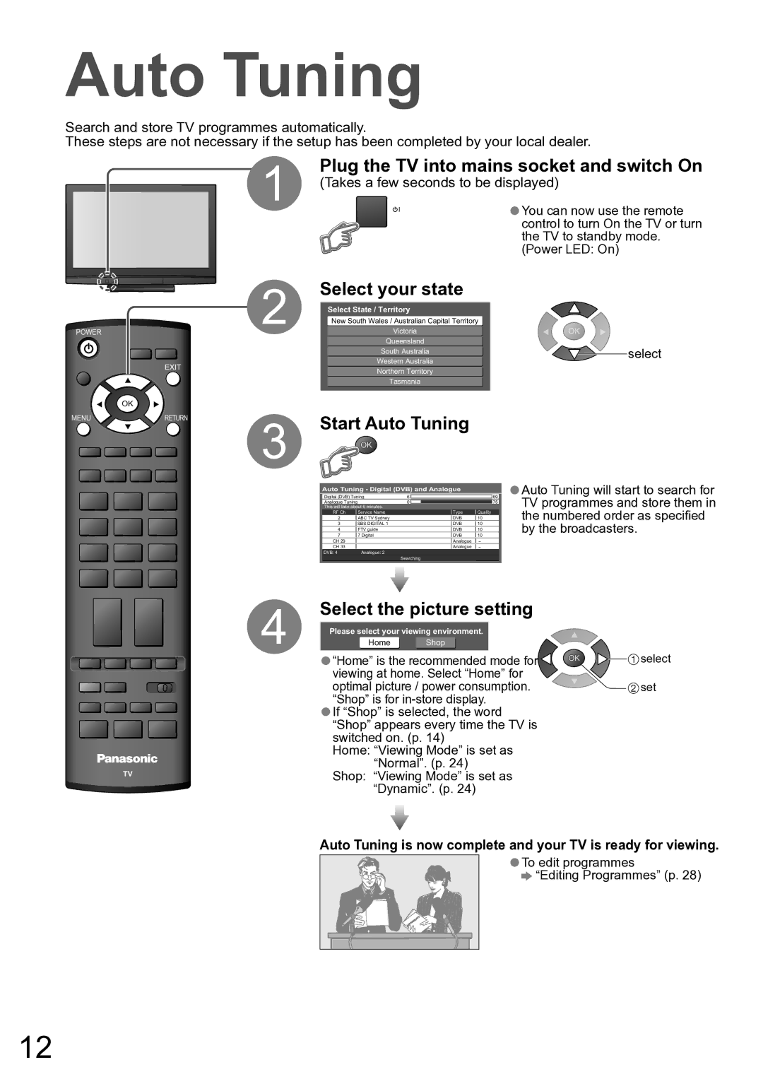 Panasonic TH-50PX80A, TH-42PX80A manual Auto Tuning, Plug the TV into mains socket and switch On, Select your state 