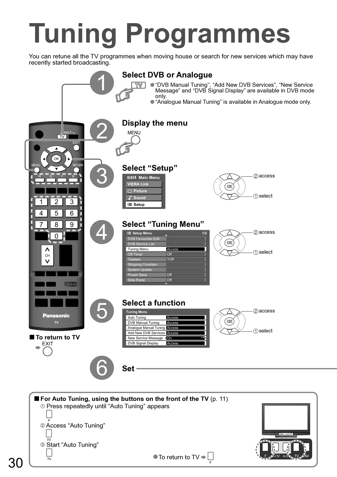 Panasonic TH-50PX80A manual Tuning Programmes, Select DVB or Analogue, Display the menu, Select Setup, Select Tuning Menu 