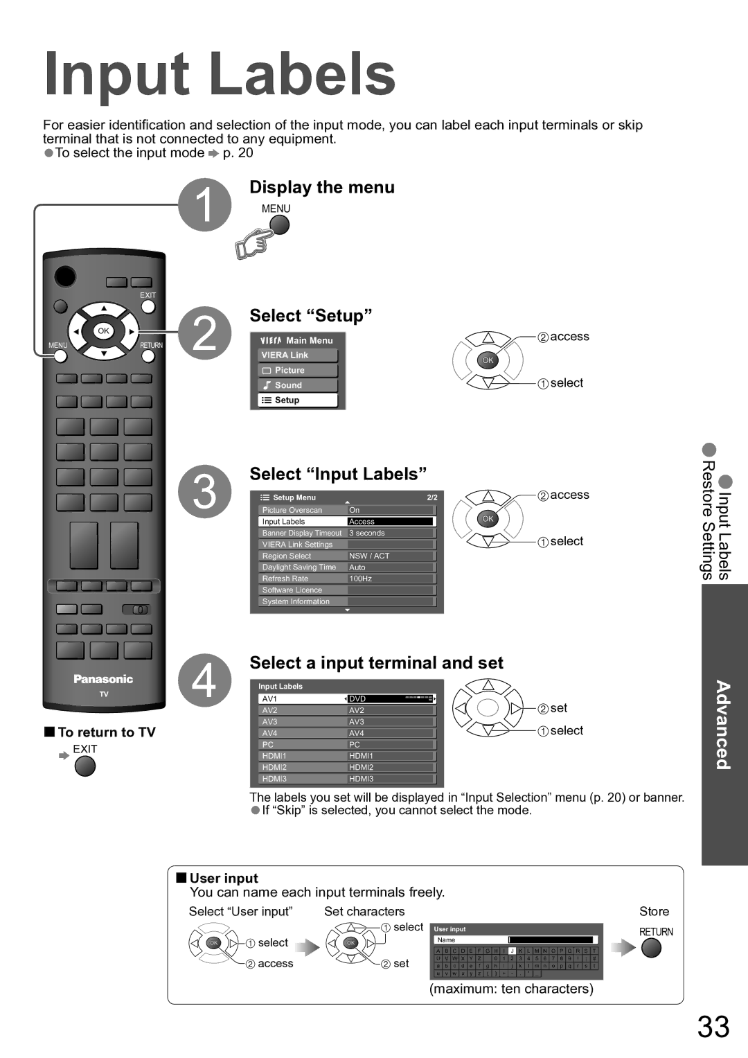 Panasonic TH-42PX80A, TH-50PX80A manual Select Input Labels, Select a input terminal and set, User input 