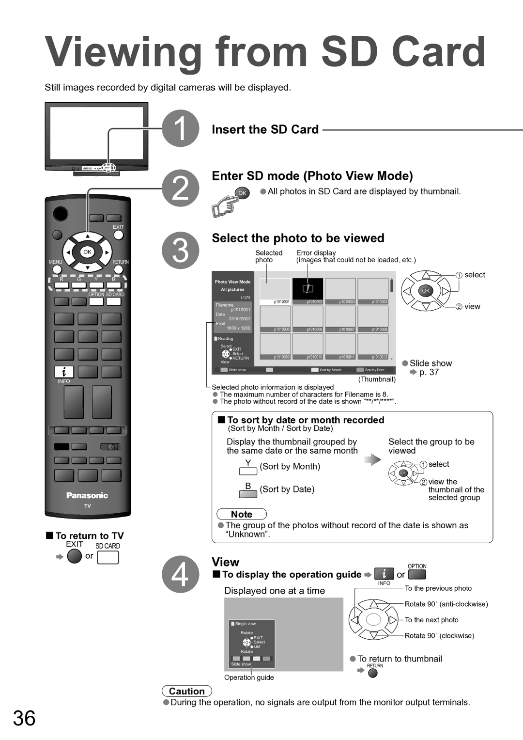 Panasonic TH-50PX80A Viewing from SD Card, Insert the SD Card Enter SD mode Photo View Mode, Select the photo to be viewed 