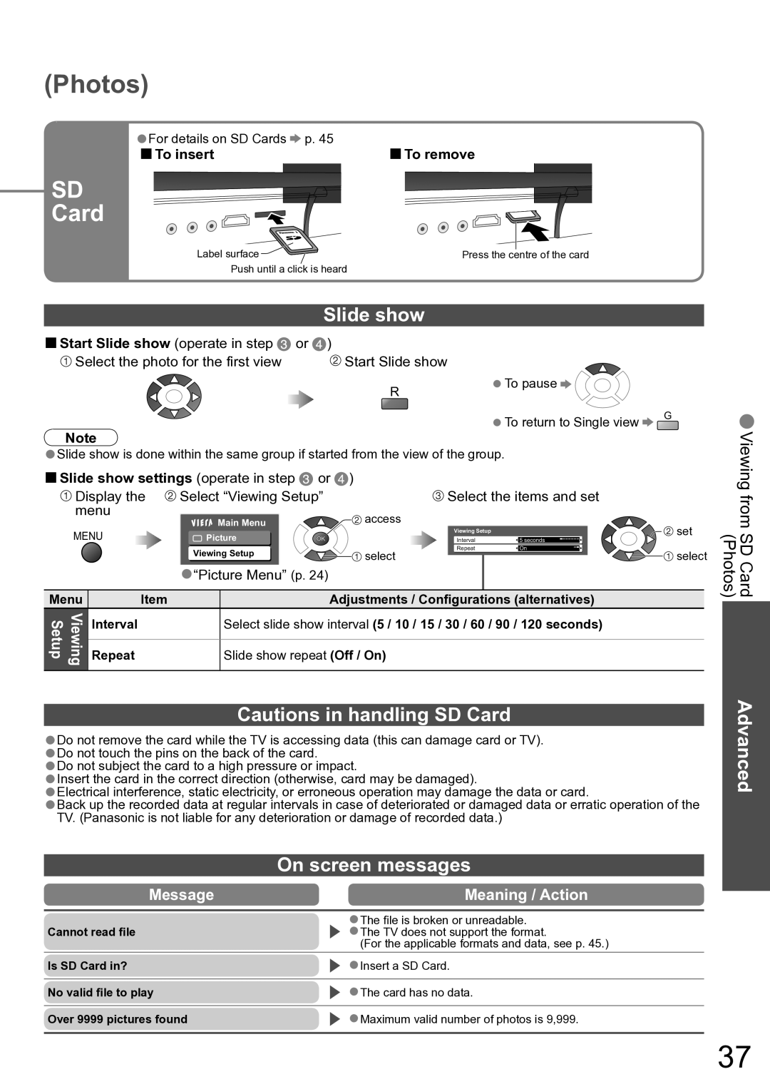 Panasonic TH-42PX80A, TH-50PX80A manual Slide show, On screen messages, Message Meaning / Action 