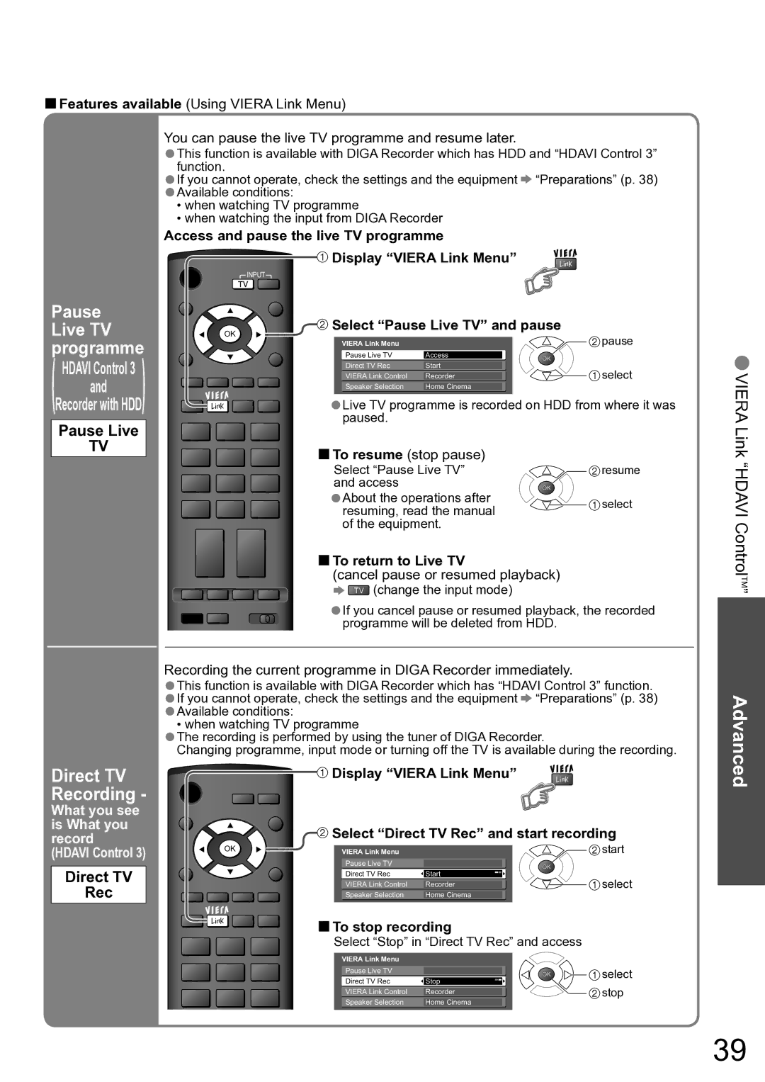 Panasonic TH-42PX80A, TH-50PX80A manual Pause Live, Direct TV Rec 