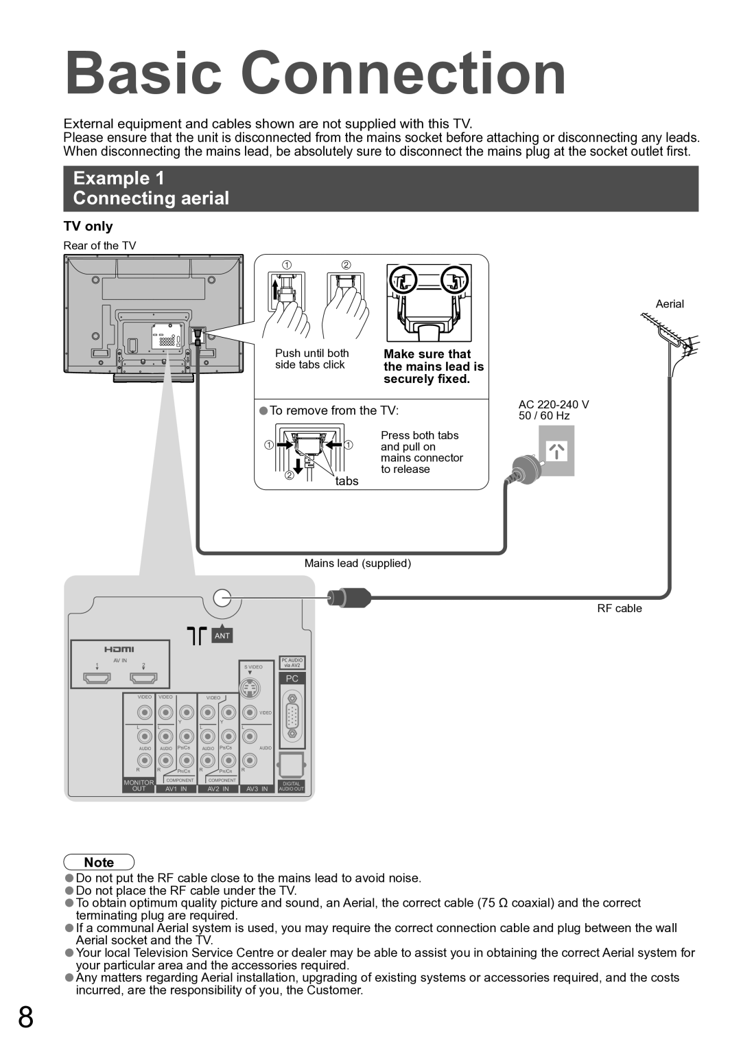 Panasonic TH-50PX80A, TH-42PX80A manual Basic Connection, Example Connecting aerial, TV only, To remove from the TV, Tabs 