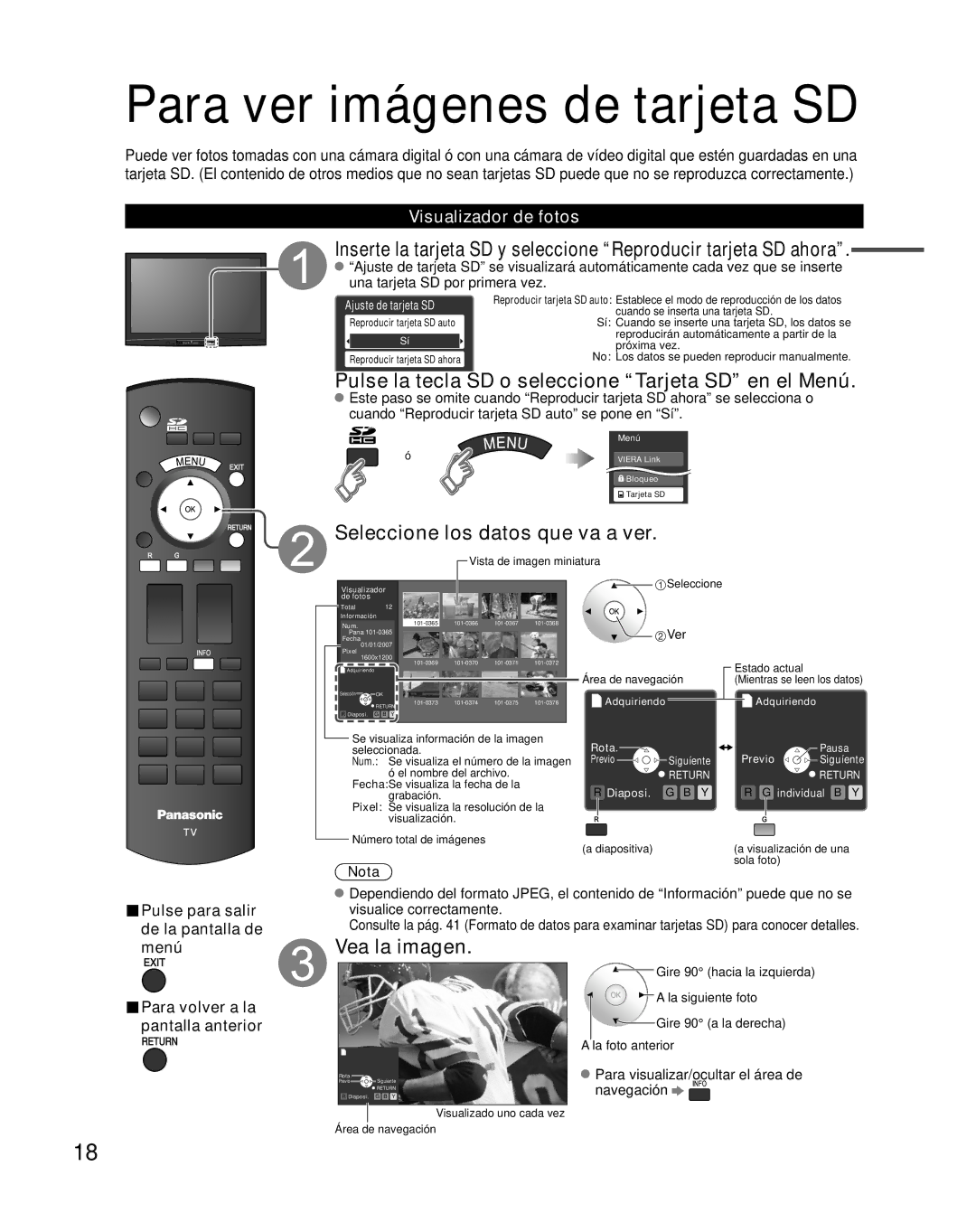 Panasonic TH-50PX80U Para ver imágenes de tarjeta SD, Pulse la tecla SD o seleccione Tarjeta SD en el Menú, Vea la imagen 