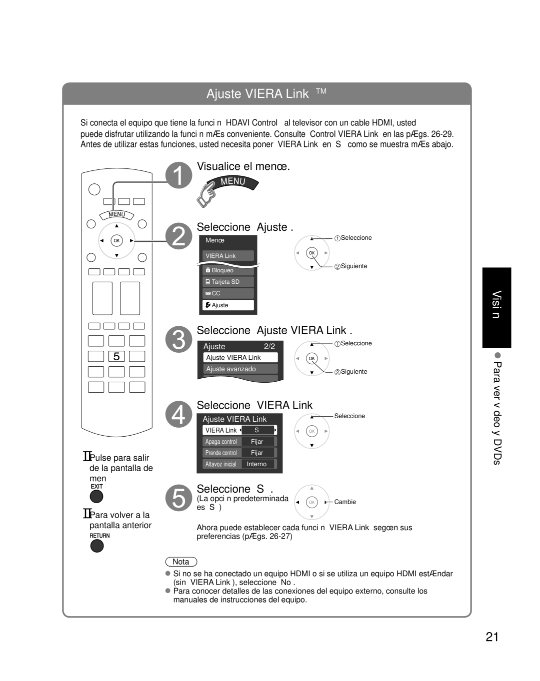 Panasonic TH-50PX80U quick start Visualice el menú Seleccione Ajuste, Seleccione Ajuste Viera Link, Seleccione Viera Link 