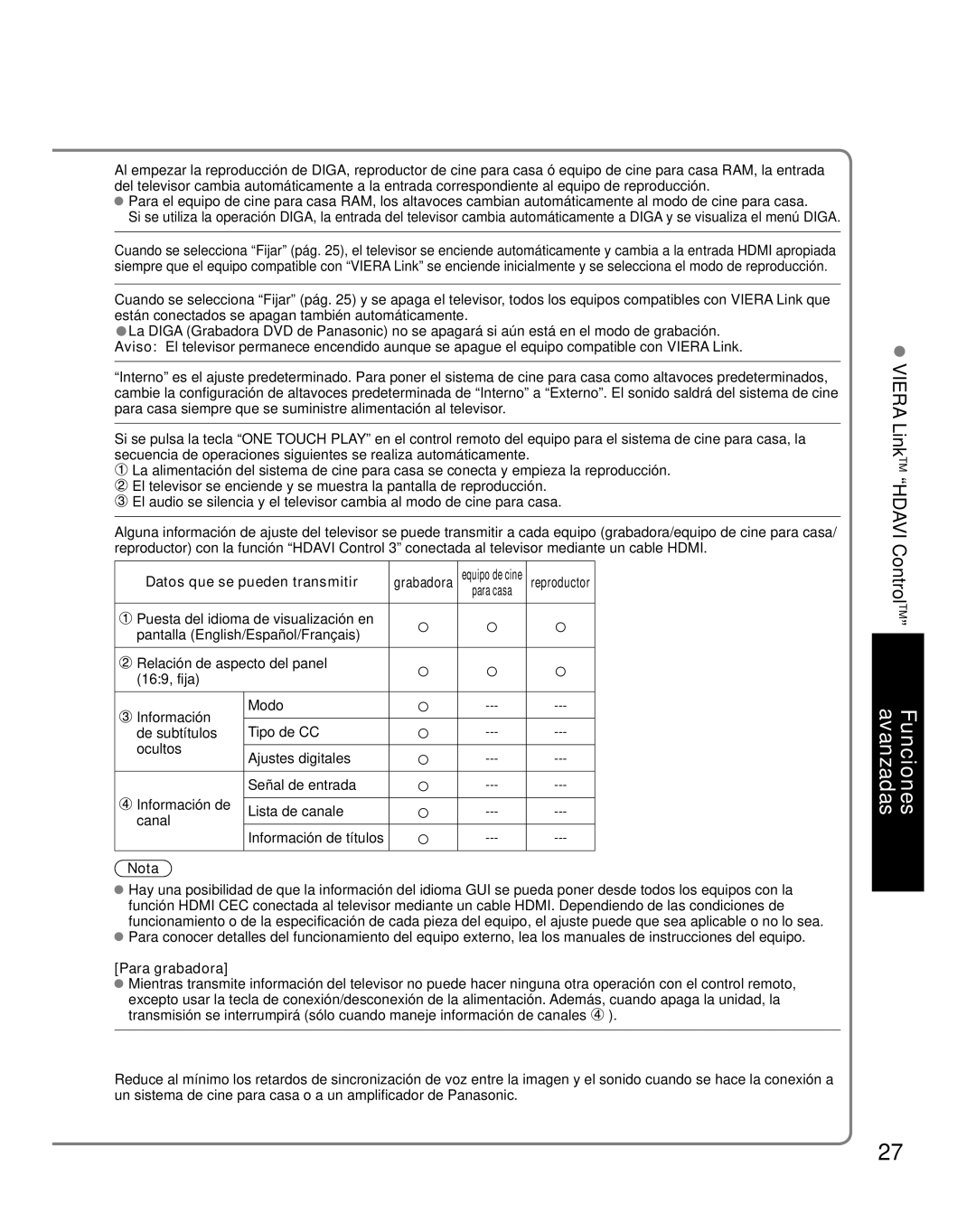 Panasonic TH-50PX80U quick start Datos que se pueden transmitir, Para grabadora, Grabadora 