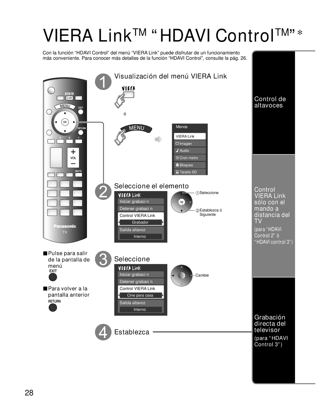 Panasonic TH-50PX80U quick start Visualización del menú Viera Link, Grabación directa del televisor 