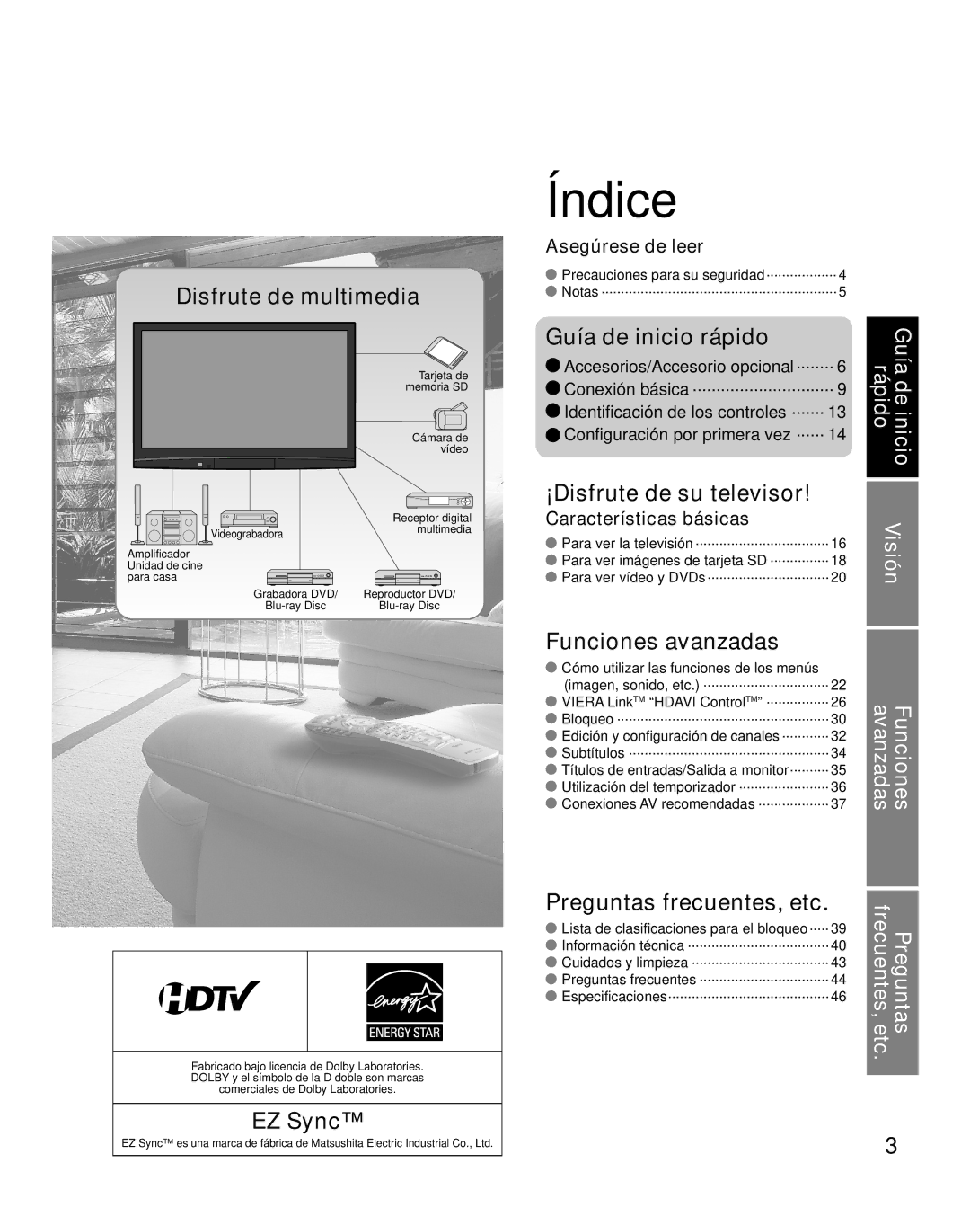 Panasonic TH-50PX80U quick start Asegúrese de leer, Características básicas, Visión 