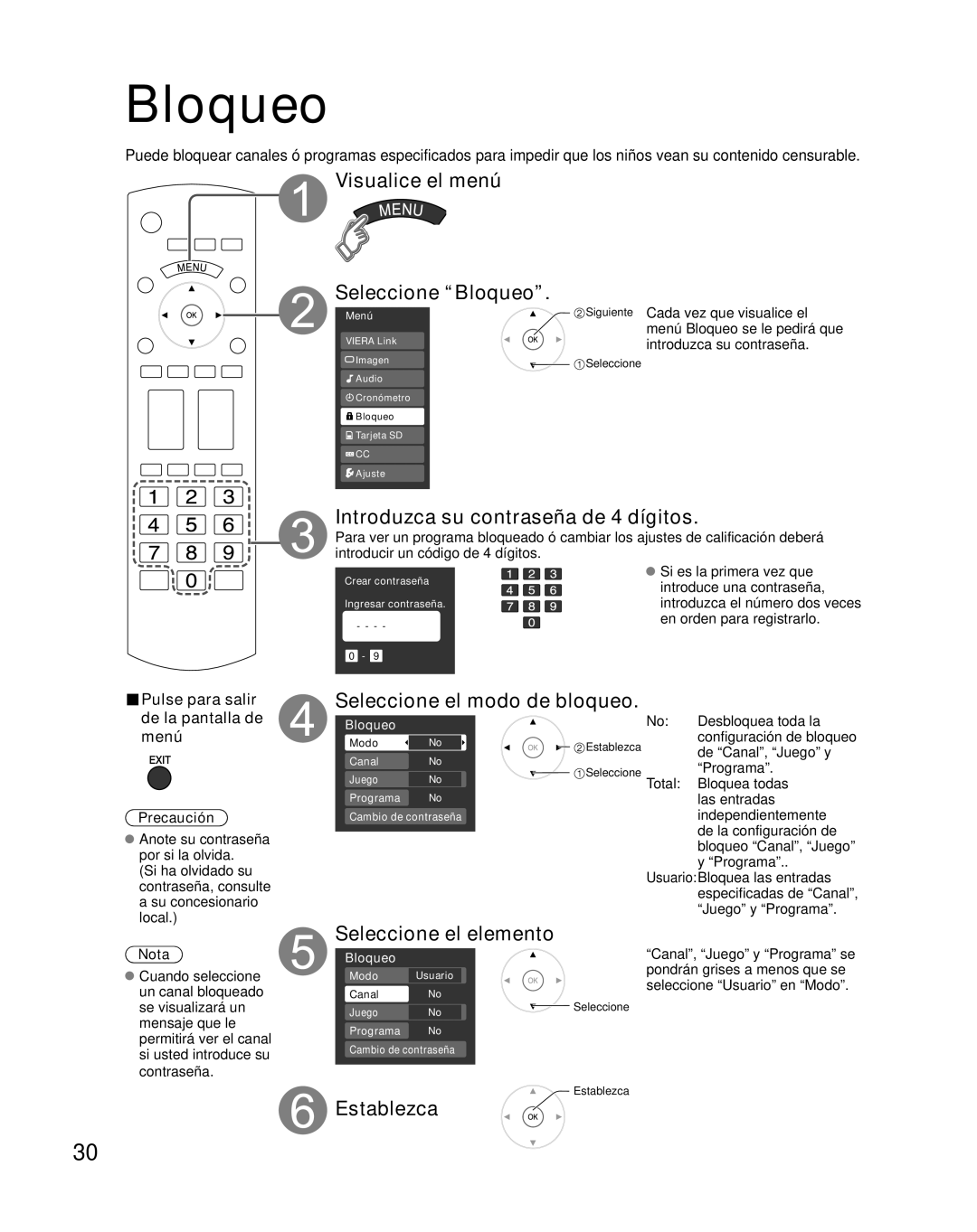 Panasonic TH-50PX80U quick start Visualice el menú Seleccione Bloqueo, Introduzca su contraseña de 4 dígitos 