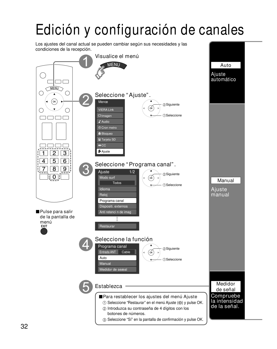 Panasonic TH-50PX80U quick start Seleccione Programa canal, Seleccione la función, Ajuste automático, Ajuste manual 