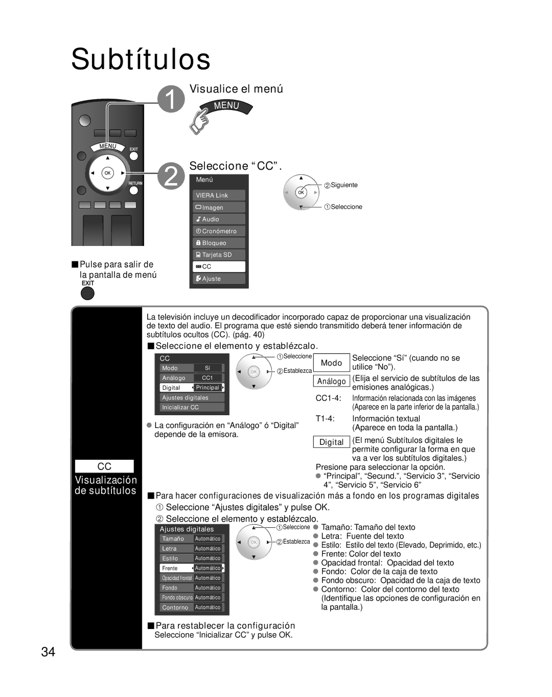 Panasonic TH-50PX80U quick start Subtítulos, Visualice el menú Seleccione CC, Visualización de subtítulos 