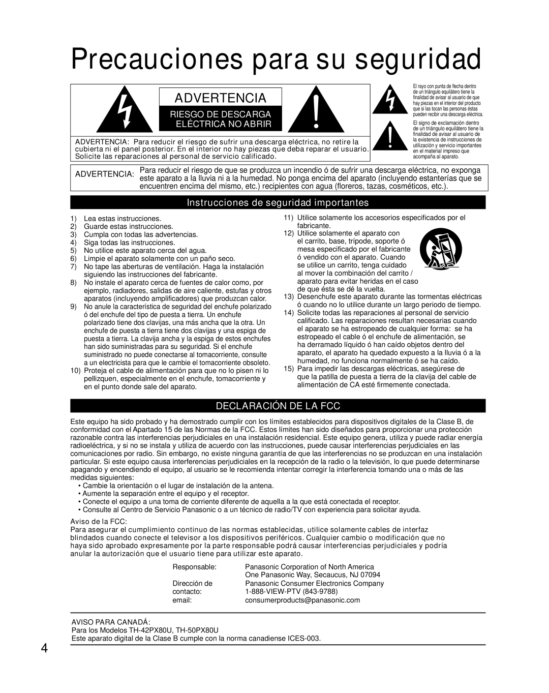 Panasonic TH-50PX80U quick start Precauciones para su seguridad, Instrucciones de seguridad importantes 