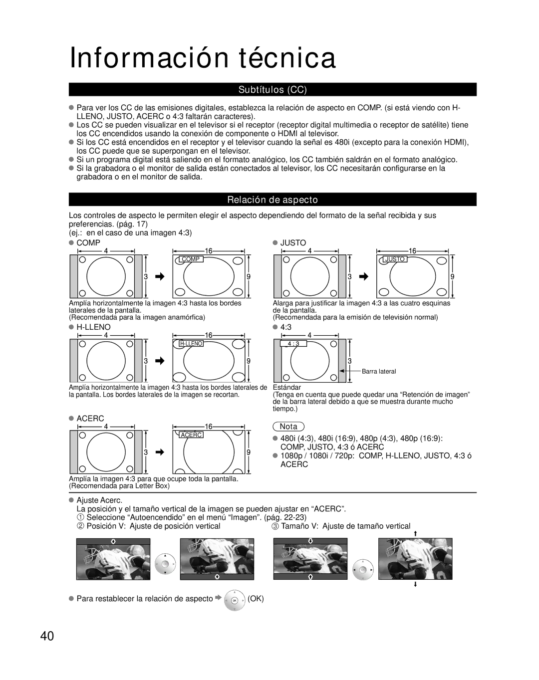 Panasonic TH-50PX80U quick start Información técnica, Subtítulos CC, Relación de aspecto 