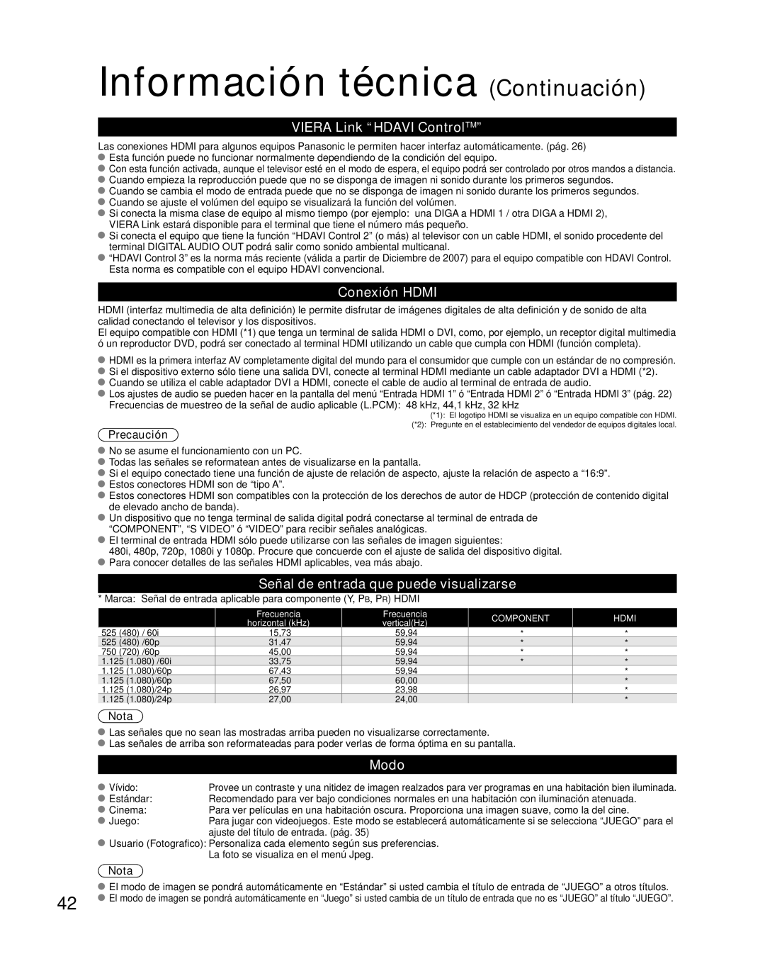 Panasonic TH-50PX80U quick start Información técnica Continuación, Viera Link Hdavi ControlTM, Conexión Hdmi, Modo 