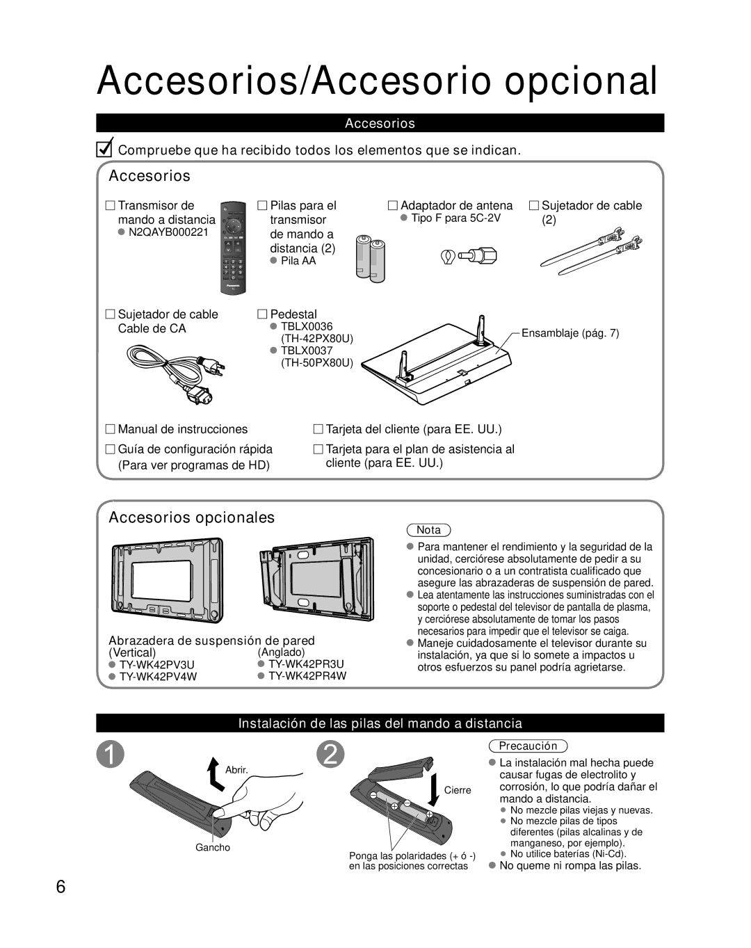 Panasonic TH-50PX80U Accesorios/Accesorio opcional, Accesorios opcionales, Instalación de las pilas del mando a distancia 