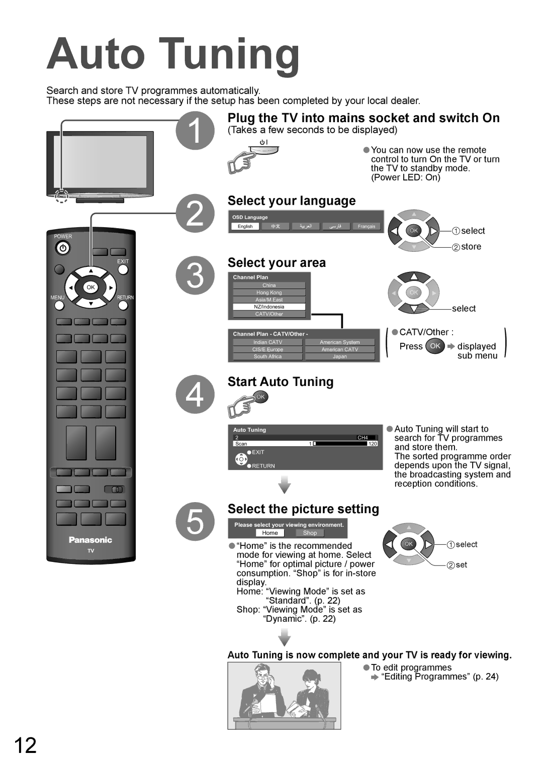 Panasonic TH-50PY800AZ, TH-42PY800AZ manual Auto Tuning, Select your language, Select your area 