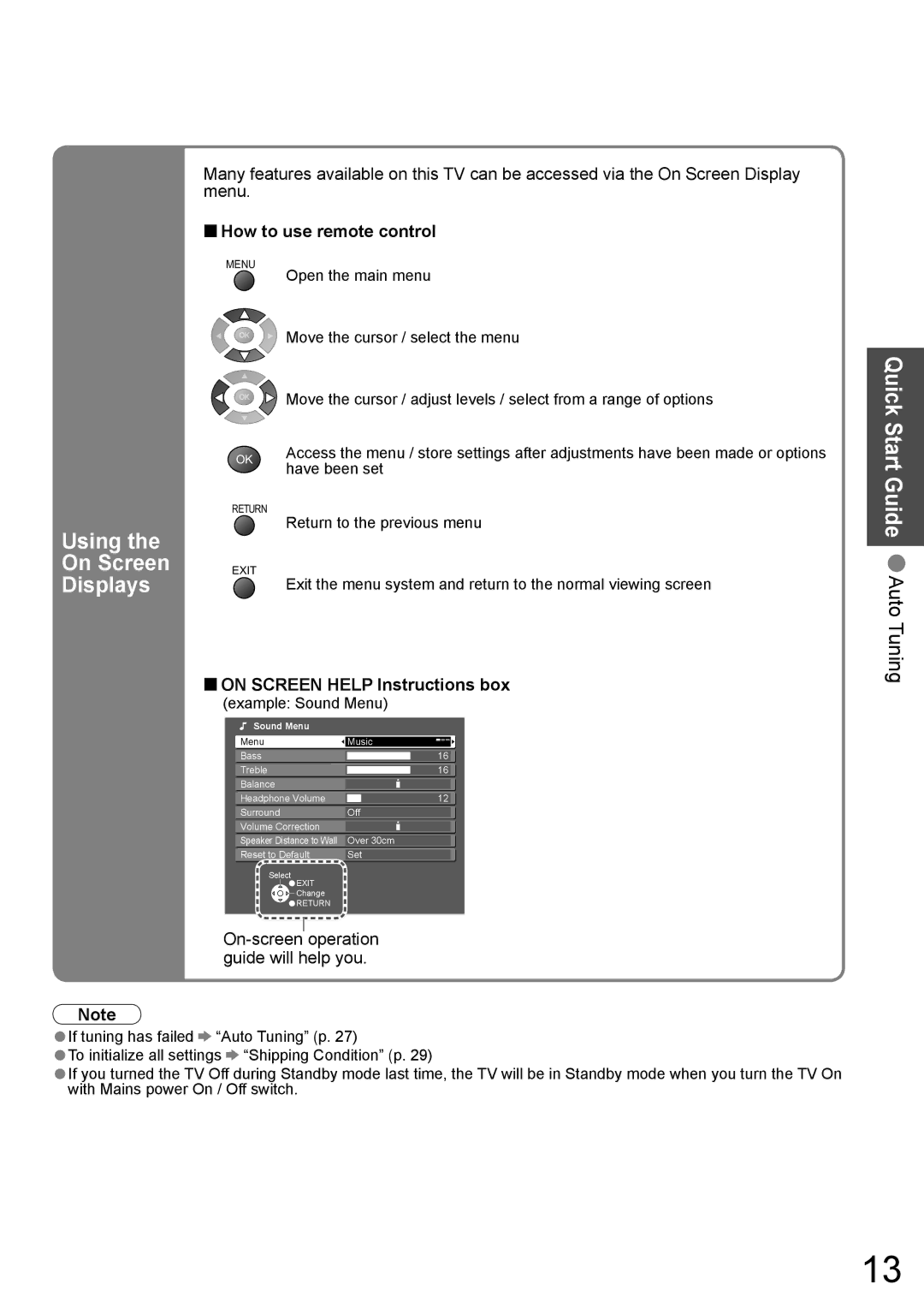 Panasonic TH-42PY800AZ, TH-50PY800AZ Using On Screen Displays, Quick Start Guide Auto Tuning, How to use remote control 