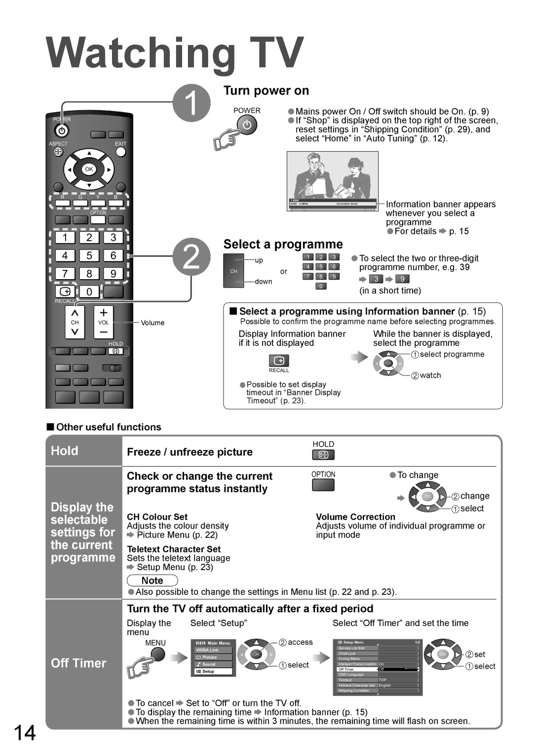 Panasonic TH-50PY800AZ, TH-42PY800AZ manual Watching TV, Turn power on, Select a programme, Hold, Off Timer 