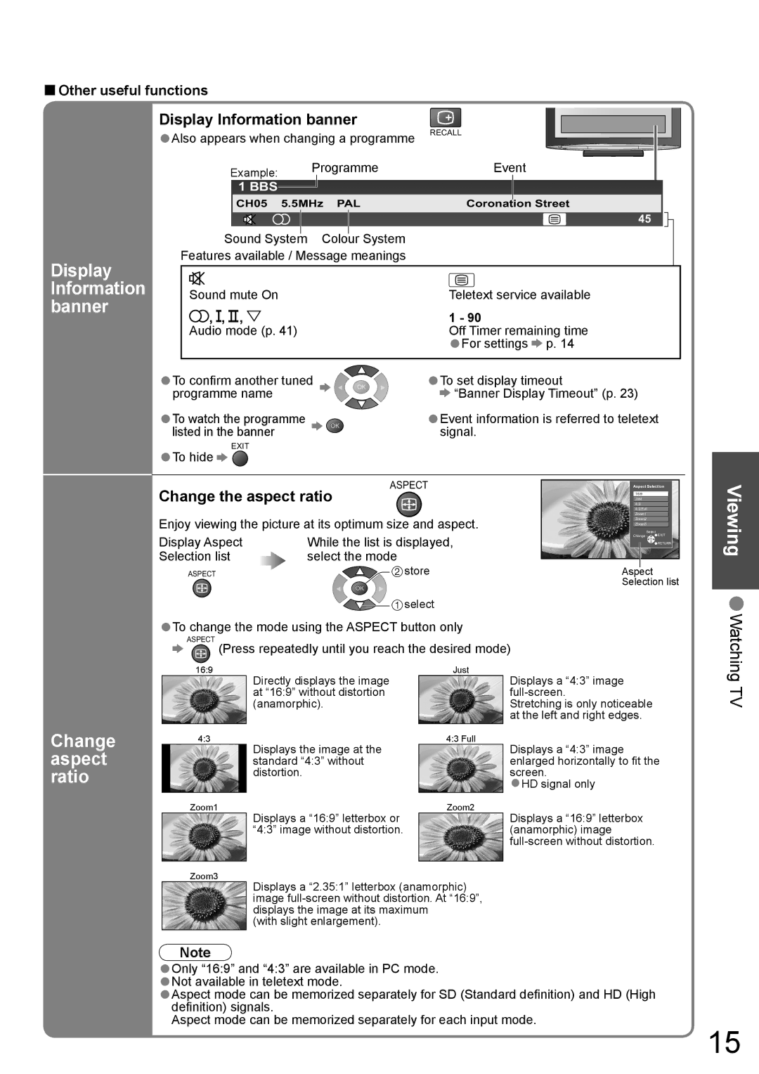 Panasonic TH-42PY800AZ, TH-50PY800AZ manual Display, Information, Banner, Change aspect ratio 