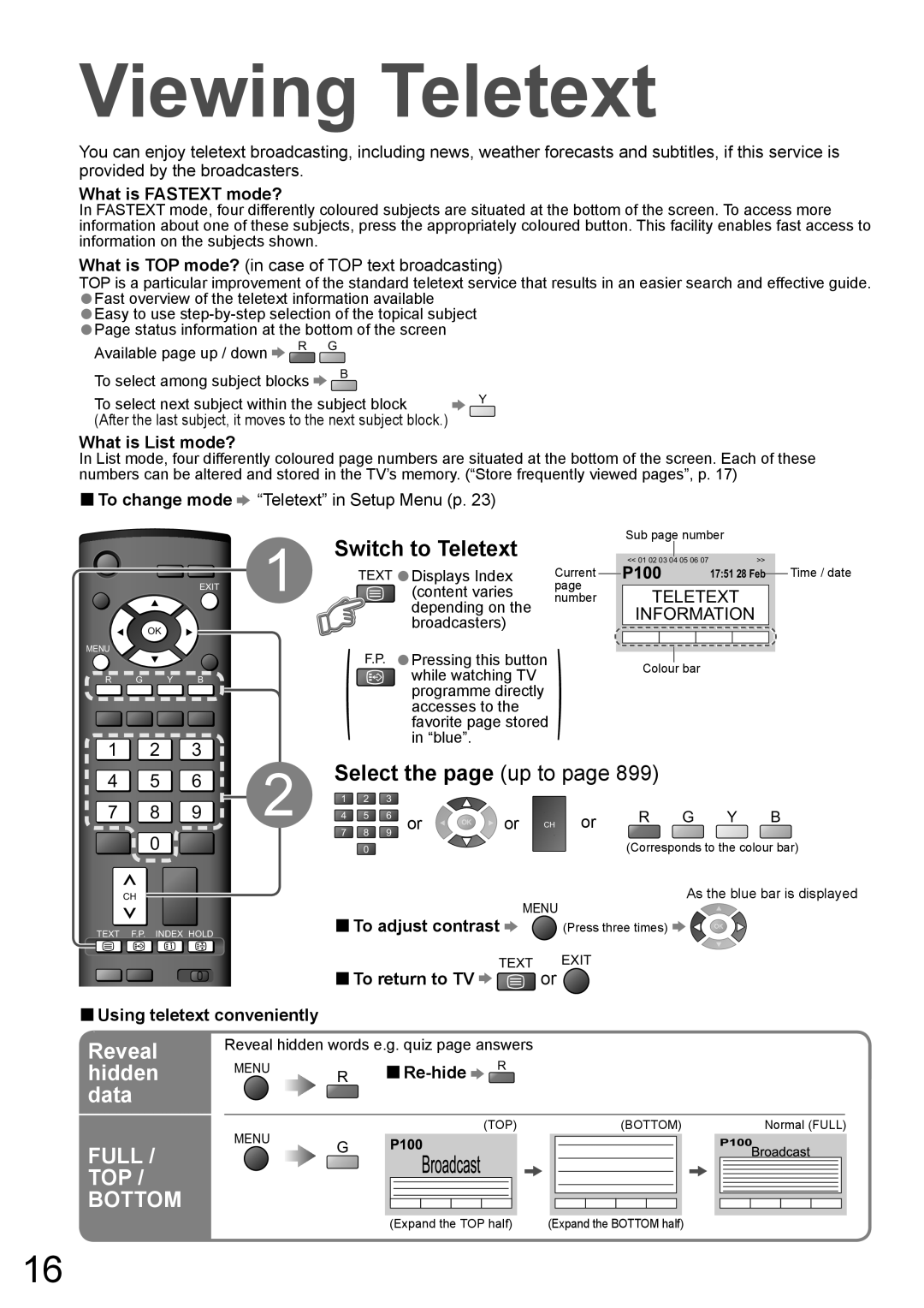 Panasonic TH-50PY800AZ, TH-42PY800AZ manual Viewing Teletext, Reveal, Hidden, Data 