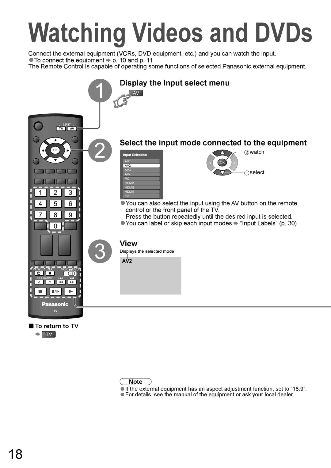 Panasonic TH-50PY800AZ, TH-42PY800AZ Display the Input select menu, View, Select the input mode connected to the equipment 