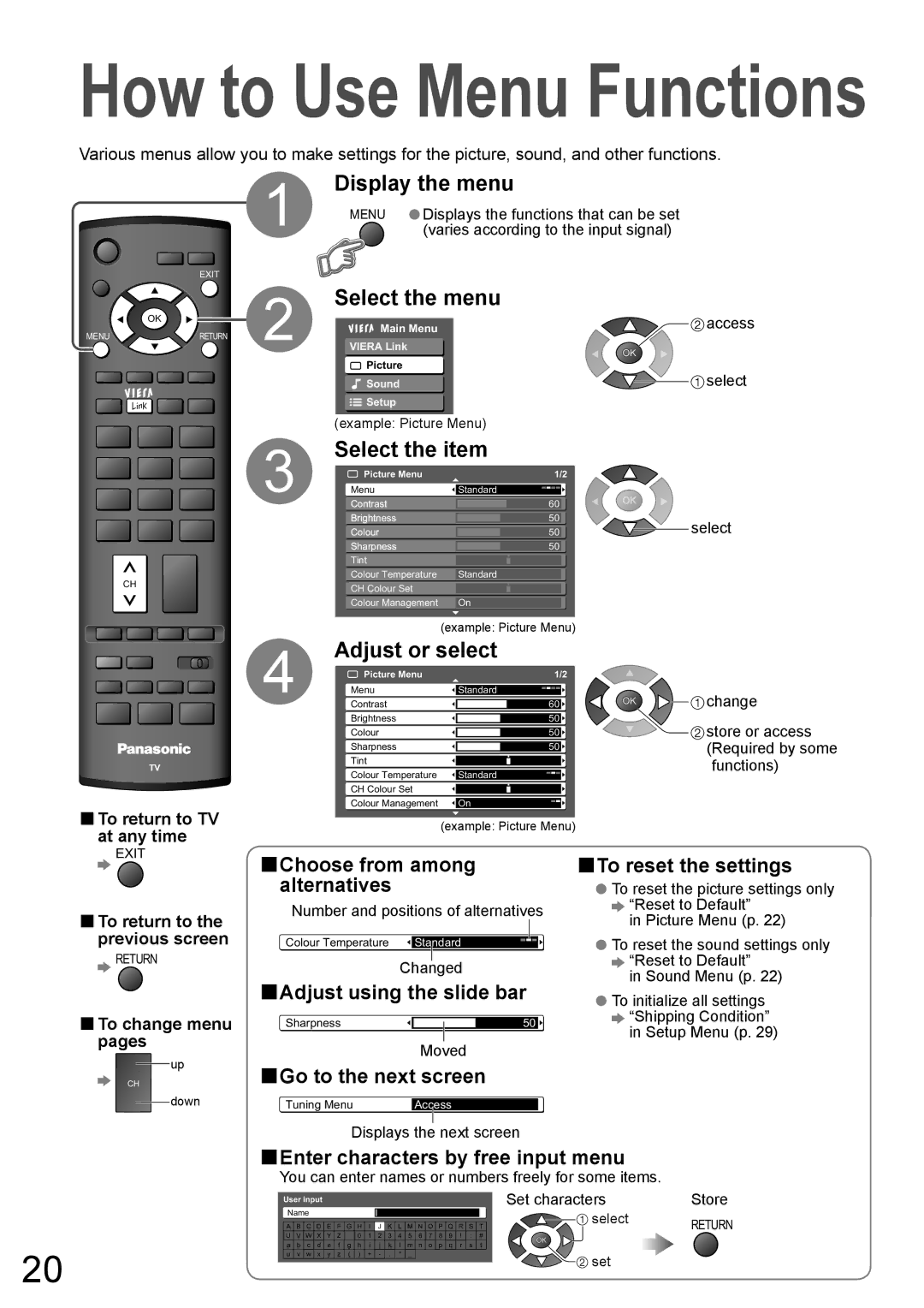 Panasonic TH-50PY800AZ, TH-42PY800AZ manual Display the menu, Select the menu, Select the item, Adjust or select 