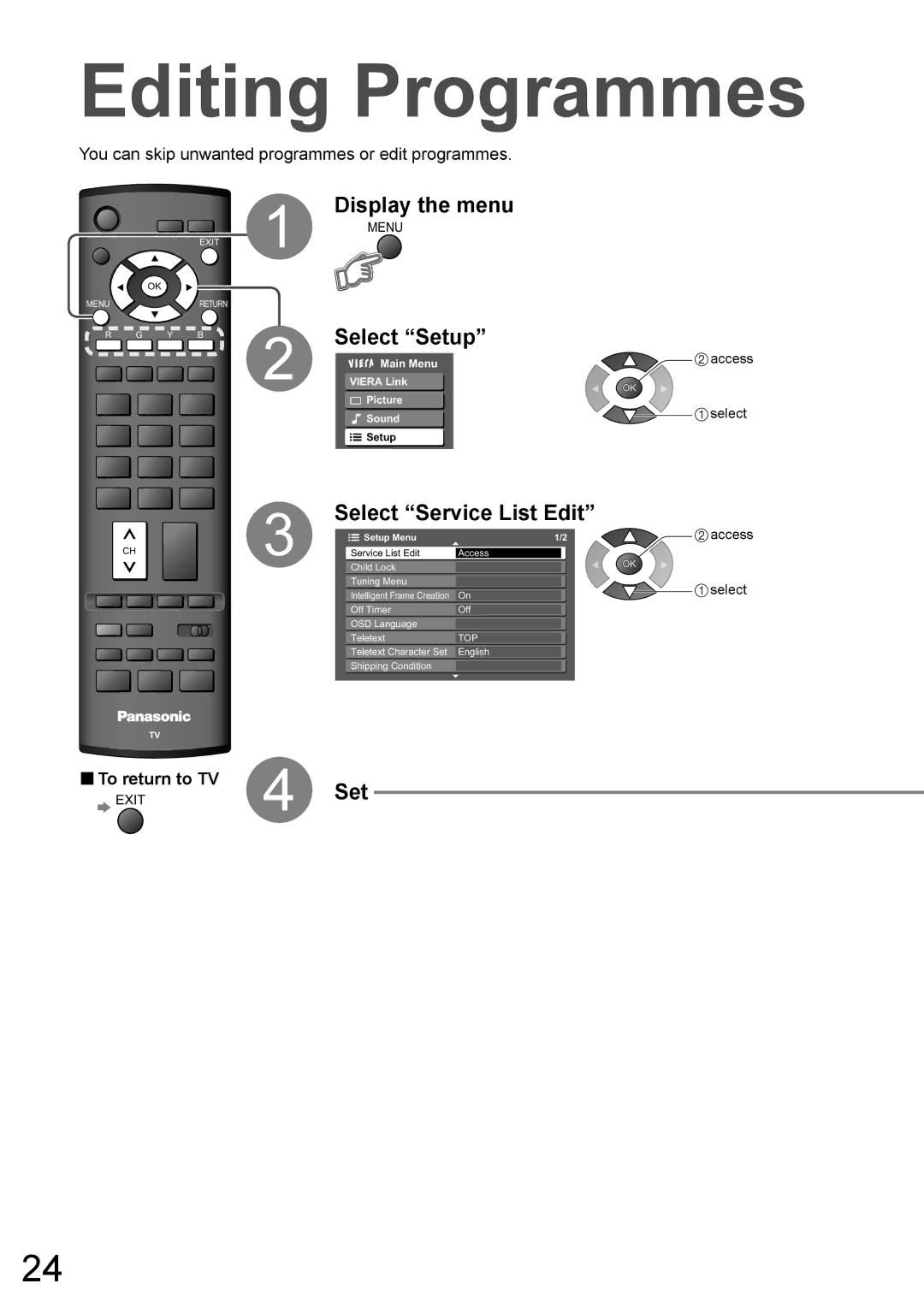 Panasonic TH-50PY800AZ, TH-42PY800AZ manual Editing Programmes, Select Setup, Select Service List Edit 