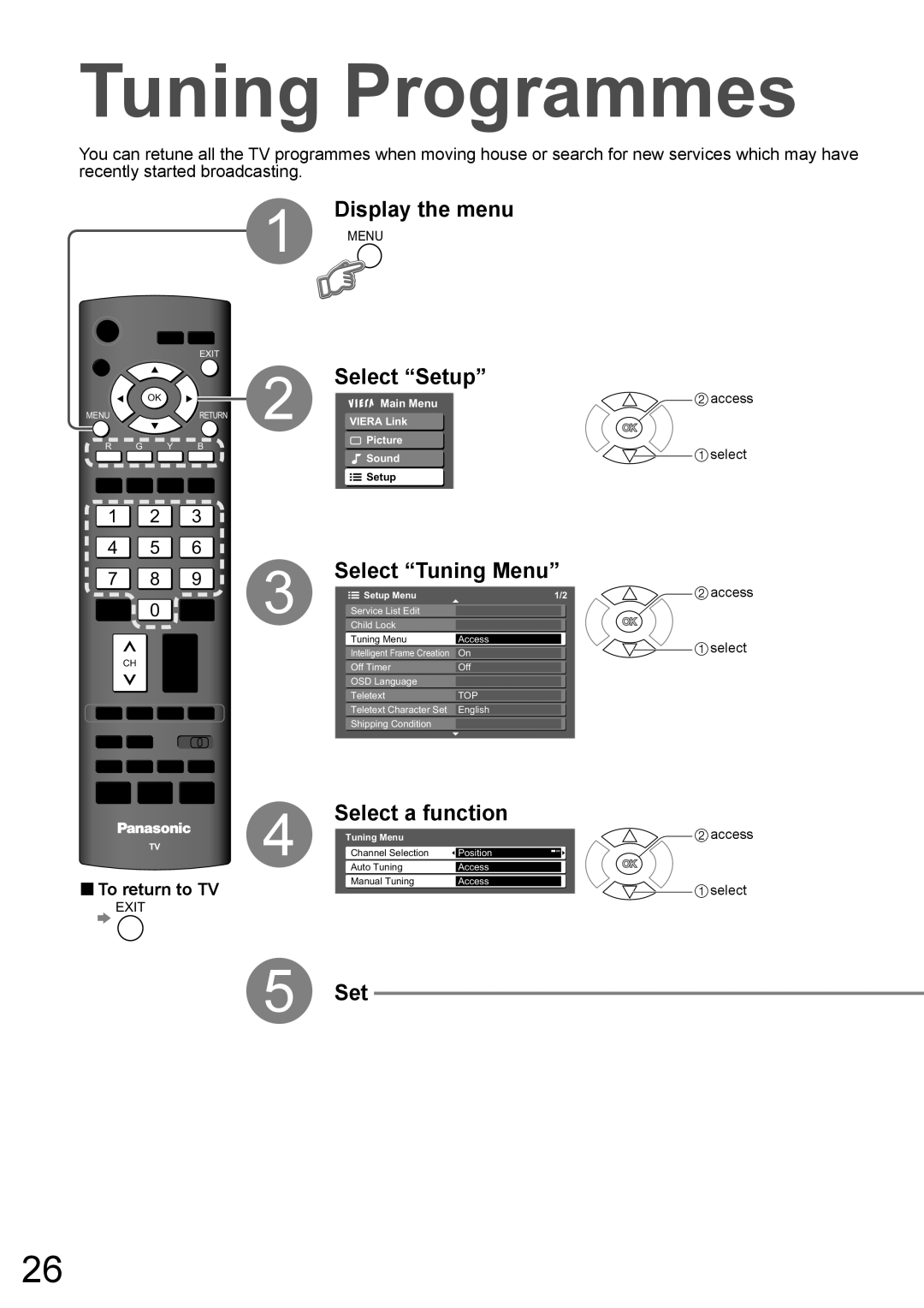 Panasonic TH-50PY800AZ, TH-42PY800AZ manual Tuning Programmes, Select Setup, Select Tuning Menu, Select a function 