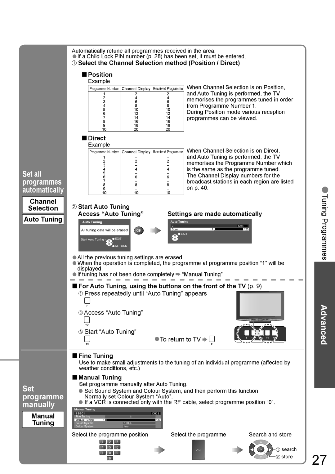 Panasonic TH-42PY800AZ, TH-50PY800AZ manual Channel Selection Auto Tuning, Manual Tuning 