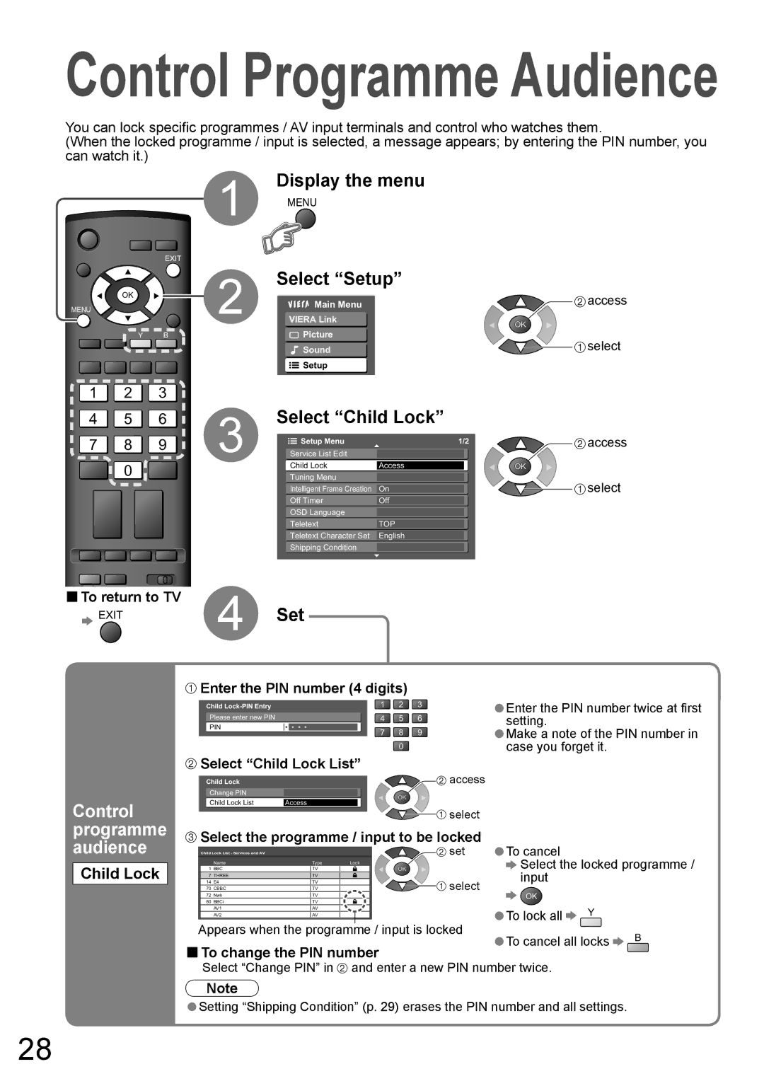 Panasonic TH-50PY800AZ, TH-42PY800AZ manual Enter the PIN number 4 digits, Select Child Lock List 