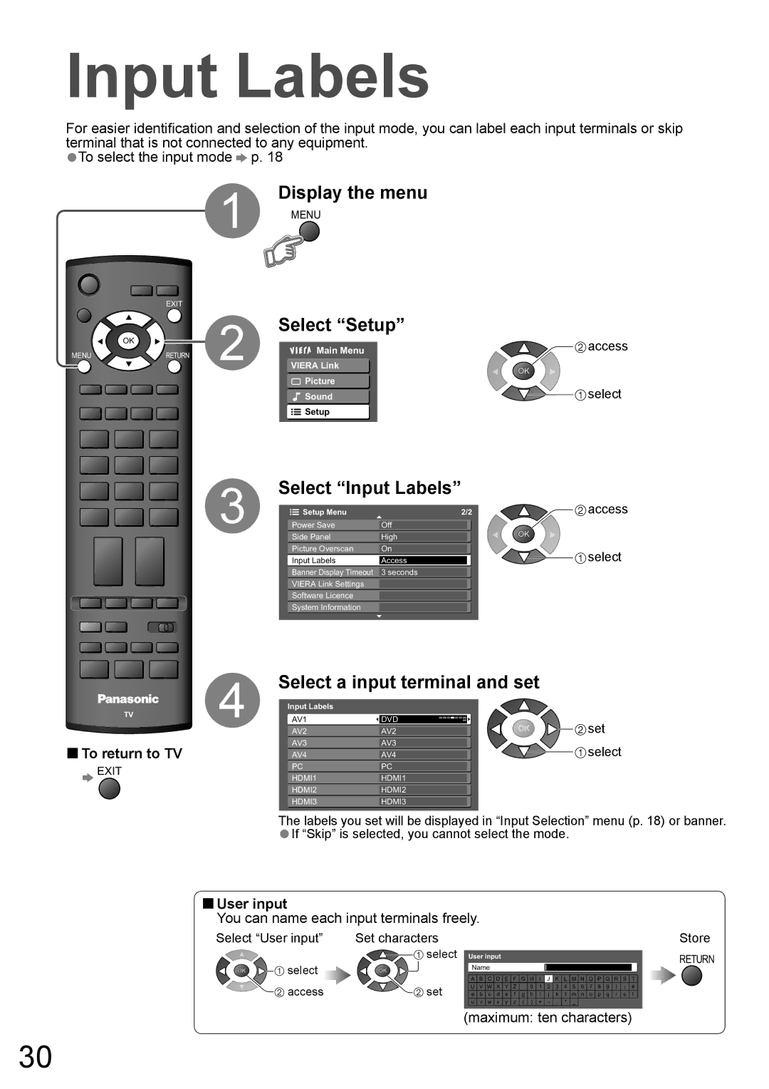 Panasonic TH-50PY800AZ, TH-42PY800AZ manual Select Input Labels, Select a input terminal and set, User input 