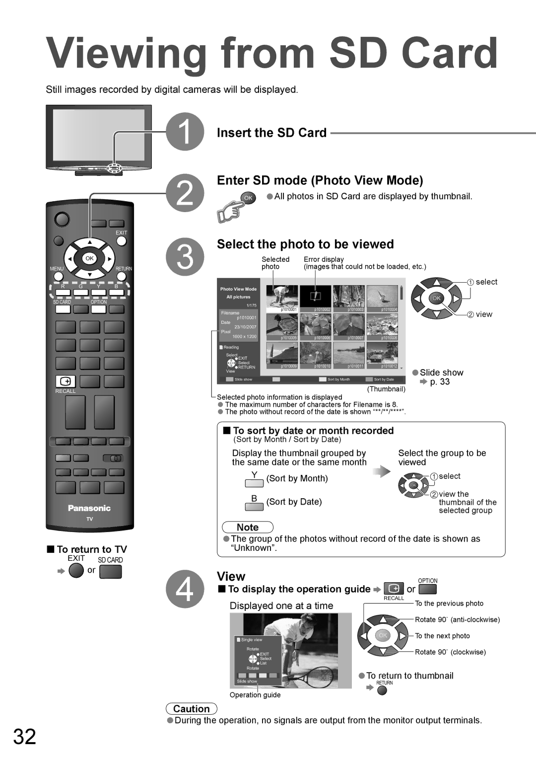 Panasonic TH-50PY800AZ, TH-42PY800AZ manual Viewing from SD Card, Insert the SD Card Enter SD mode Photo View Mode 